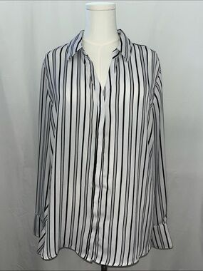 Women's Black and White Vertical Stripe Button-Down Shirt